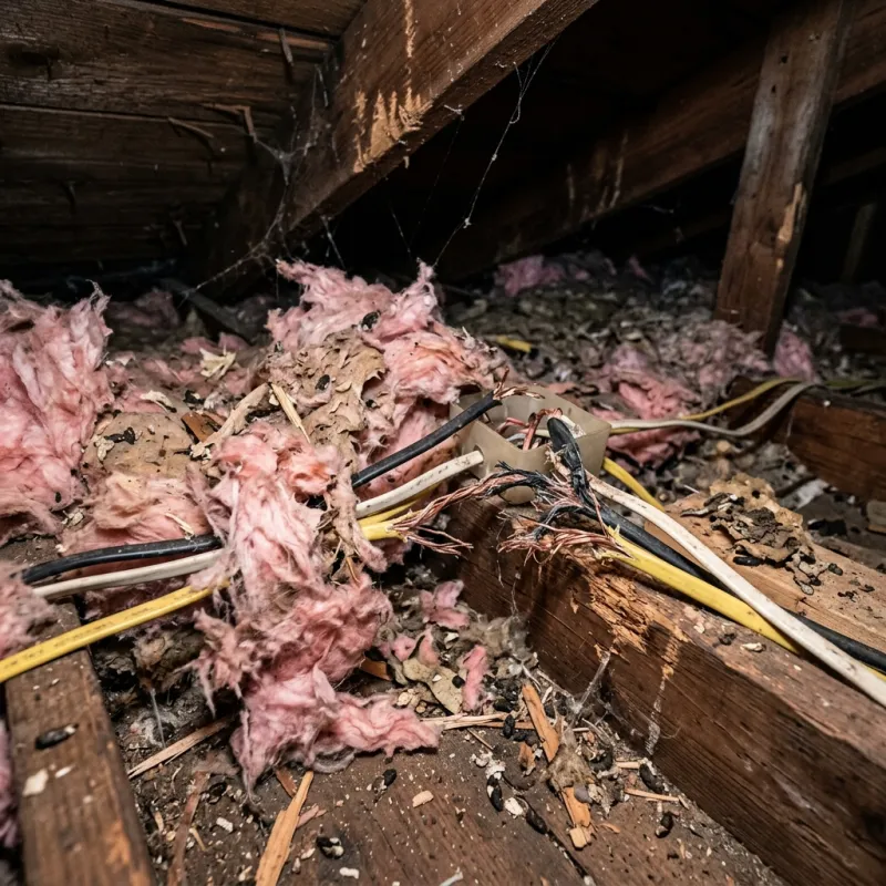Contaminated ceiling insulation being assessed in a Hopetoun roof space